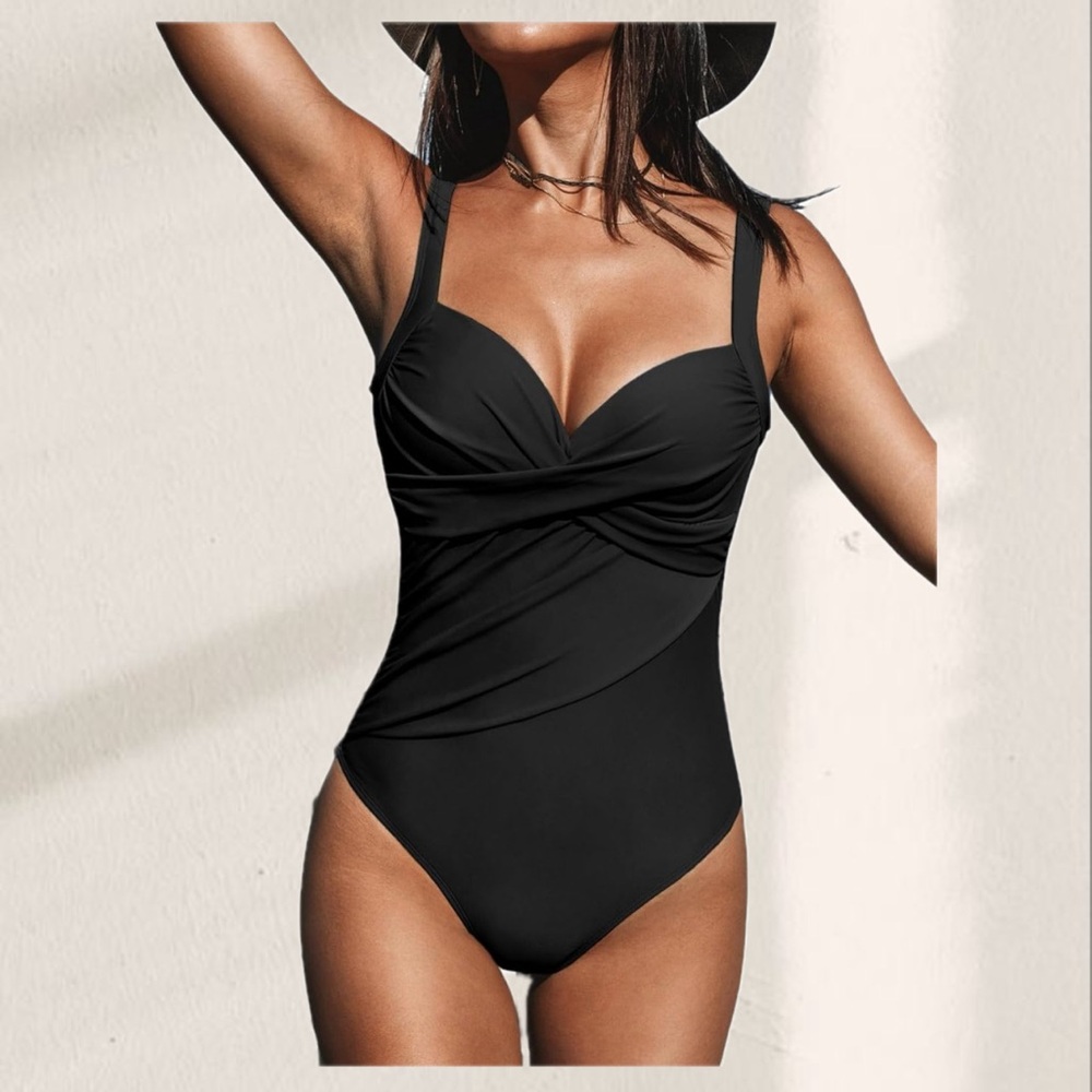 Women's One Piece Swimsuits black Bathing Suits V Neck Twist Tummy Control